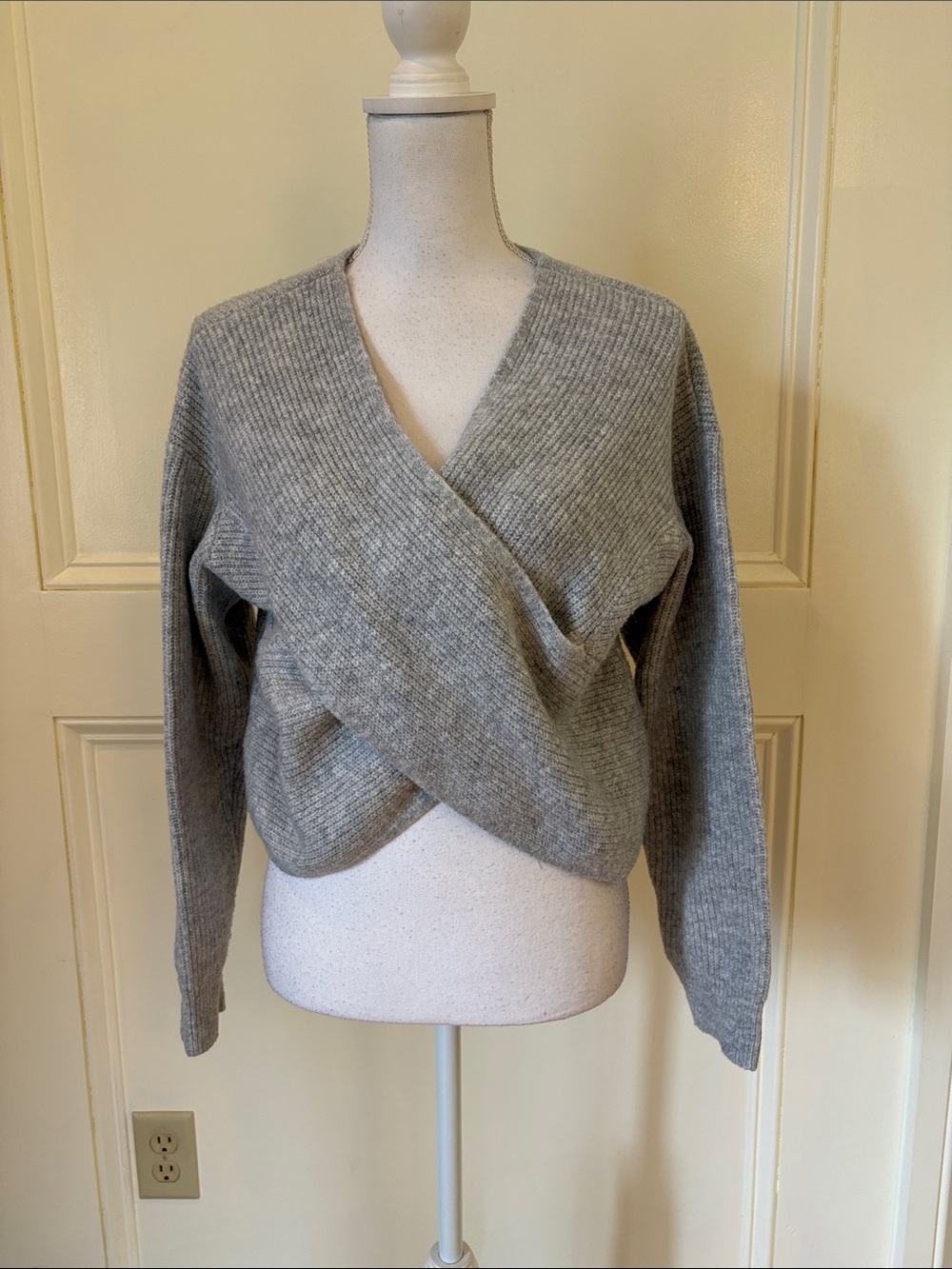 Dynamite Light Gray Ribbed Wrap V-Neck Sweater